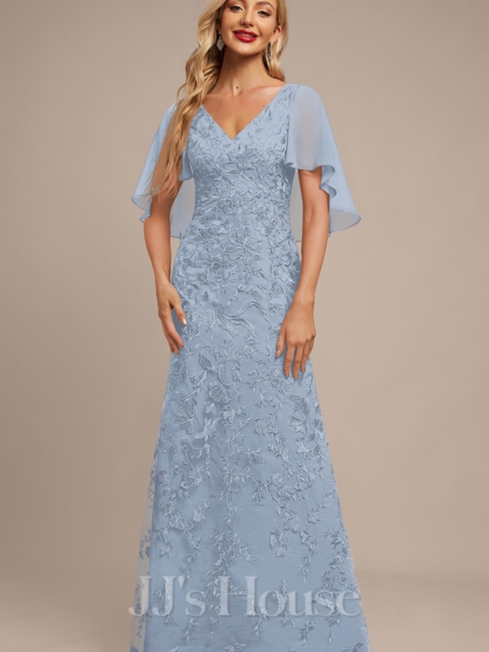 JJ’s House Elegant dusty Blue V-Neck Lace Evening Dress worn once